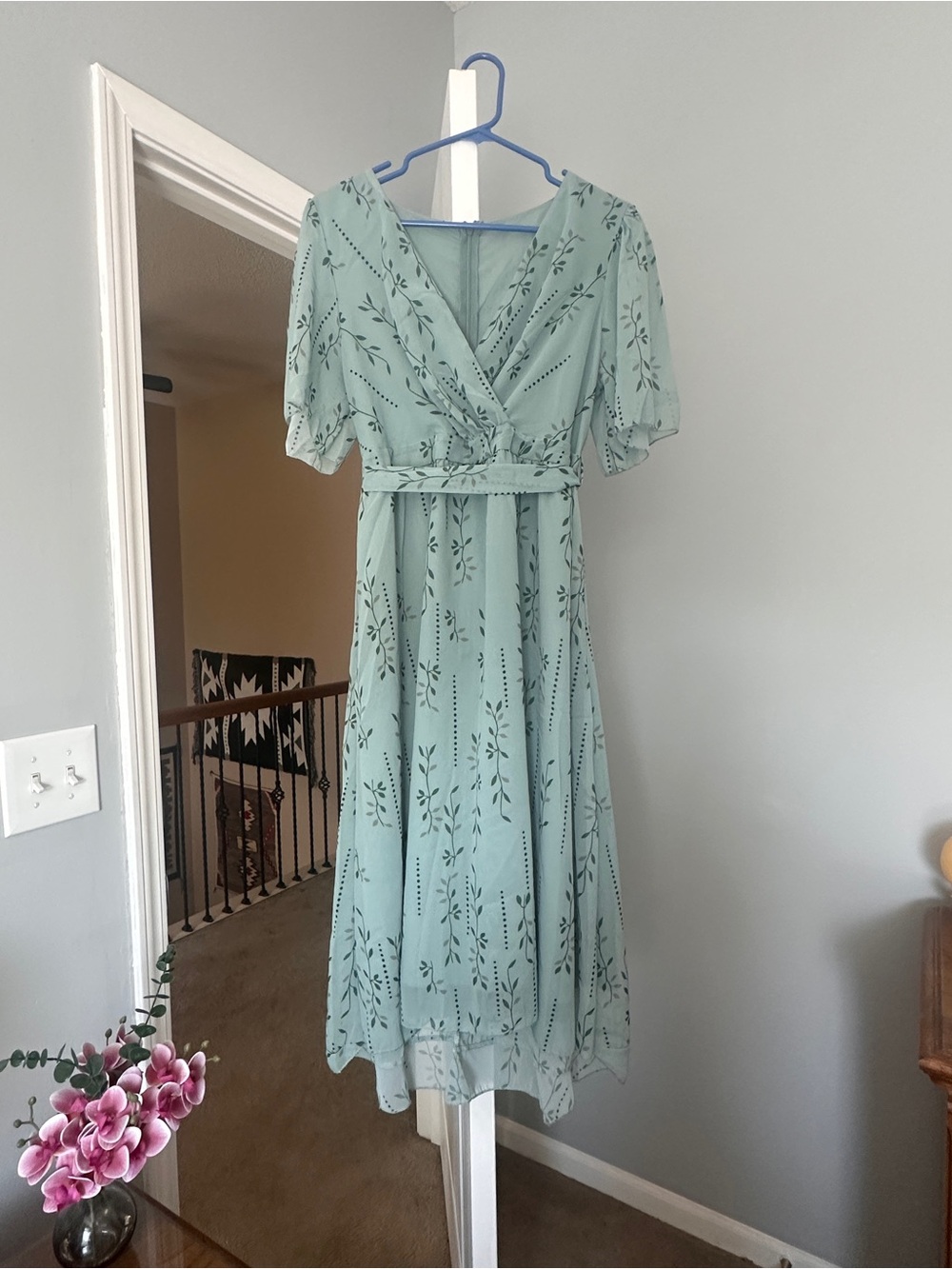 Mint Green Floral Wrap Midi Dress